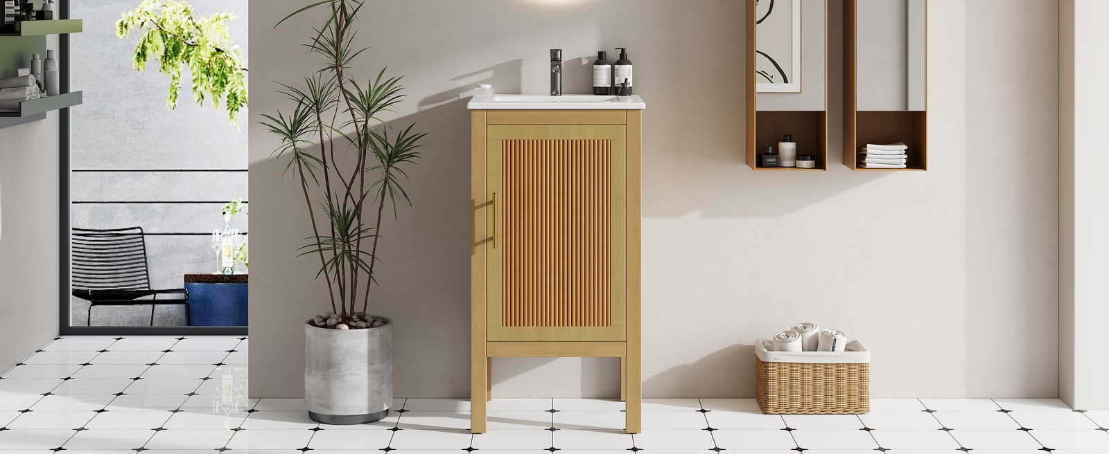 18″ Bathroom Vanity Cabinet with Ceramic Sink, Natural Wood