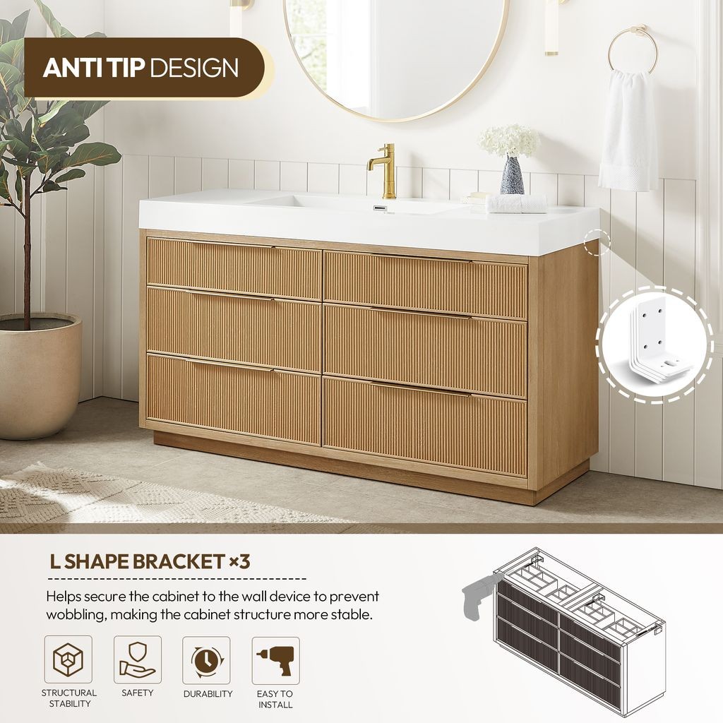 Hohhot 60″ Single Bath Vanity in Washed Ash Grey with White Stone Top