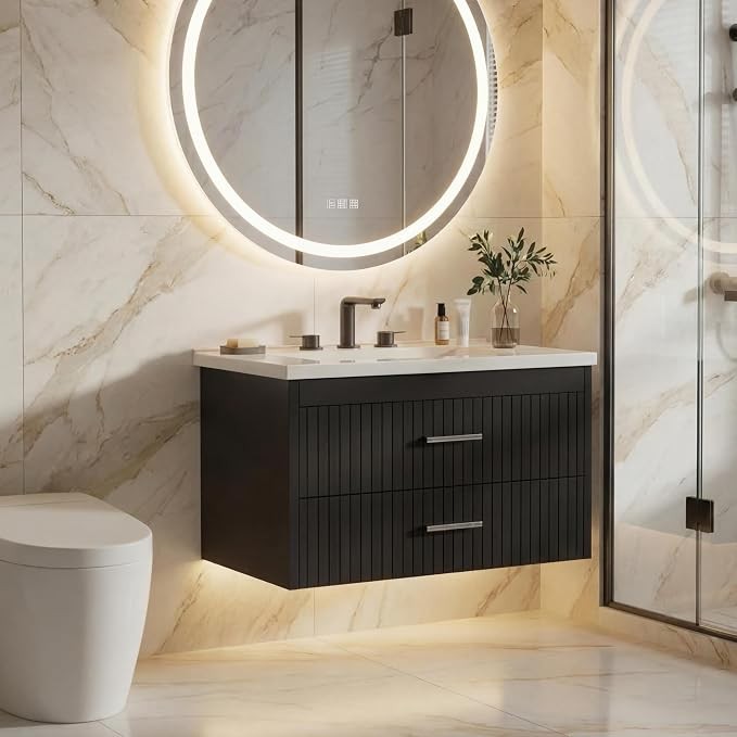 30” Floating Fluted Bathroom Vanity w/ Ceramic Sink Wall Mounted Vanity Cabinet