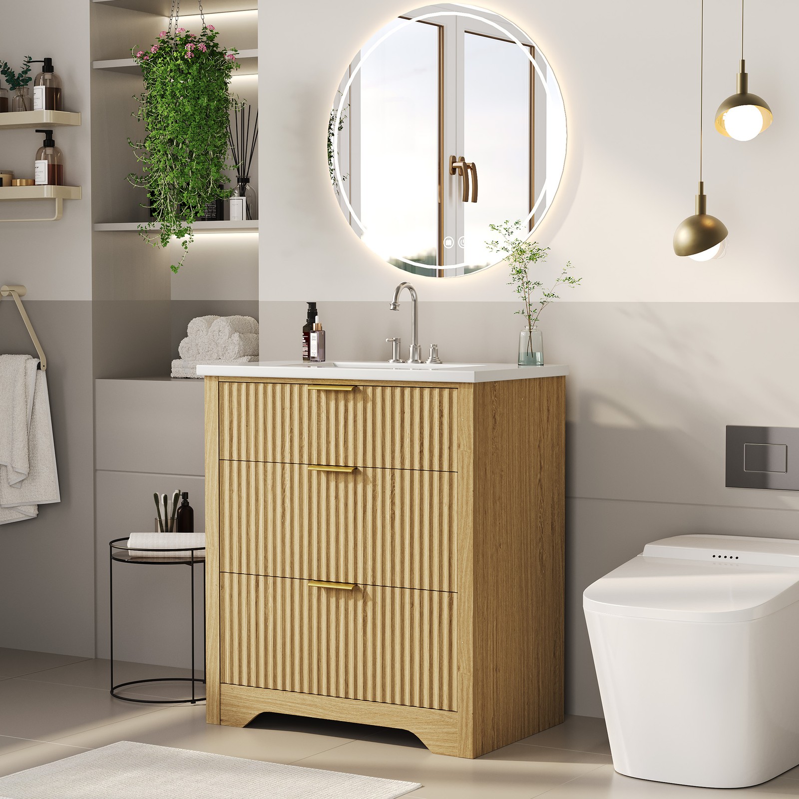 30” Fluted Bathroom Vanity w/Sink, Farmhouse Freestanding Bathroom Sink Cabinet