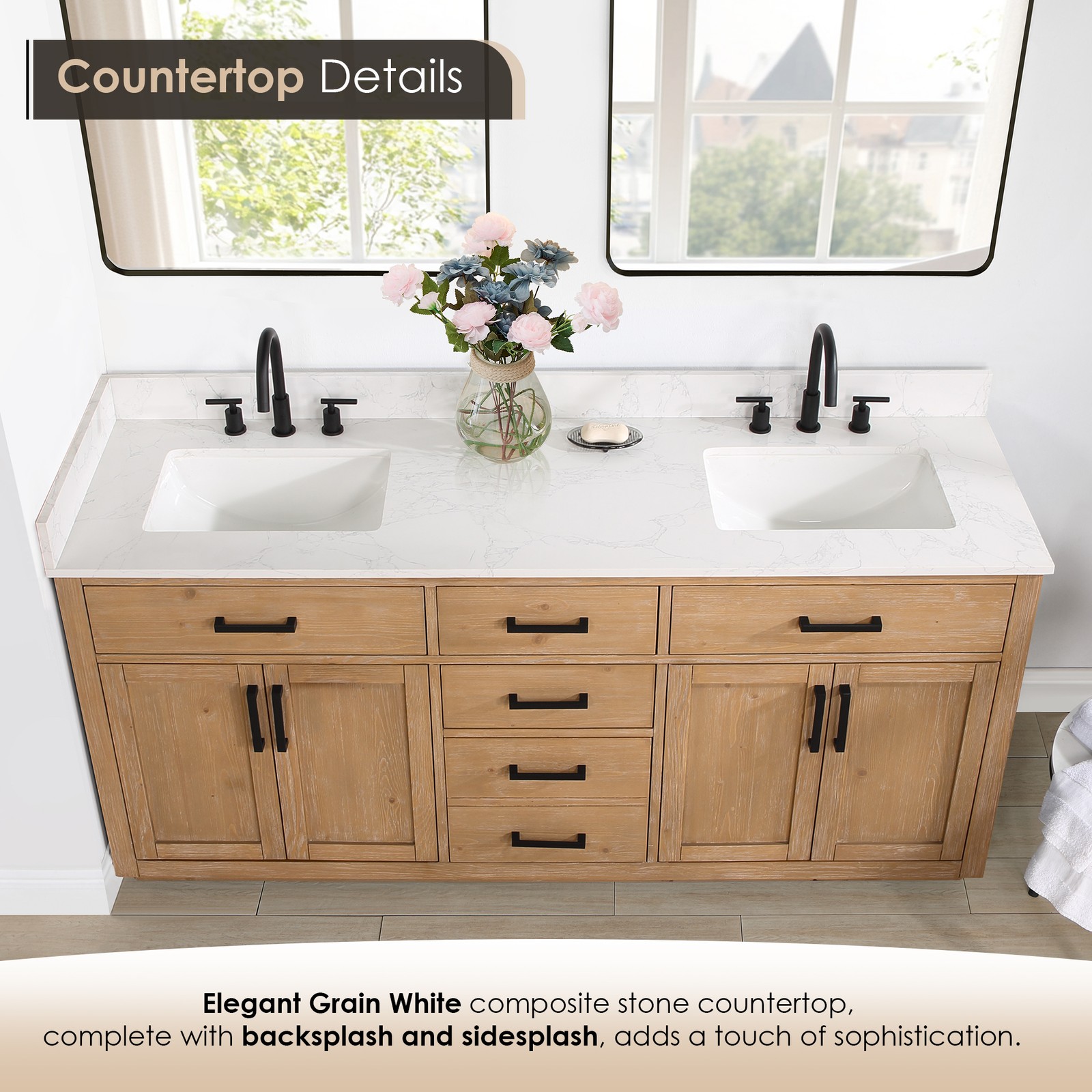 Gavino 72″ Wood Vanity in Light Brown with Composite Stone Top no Mirror