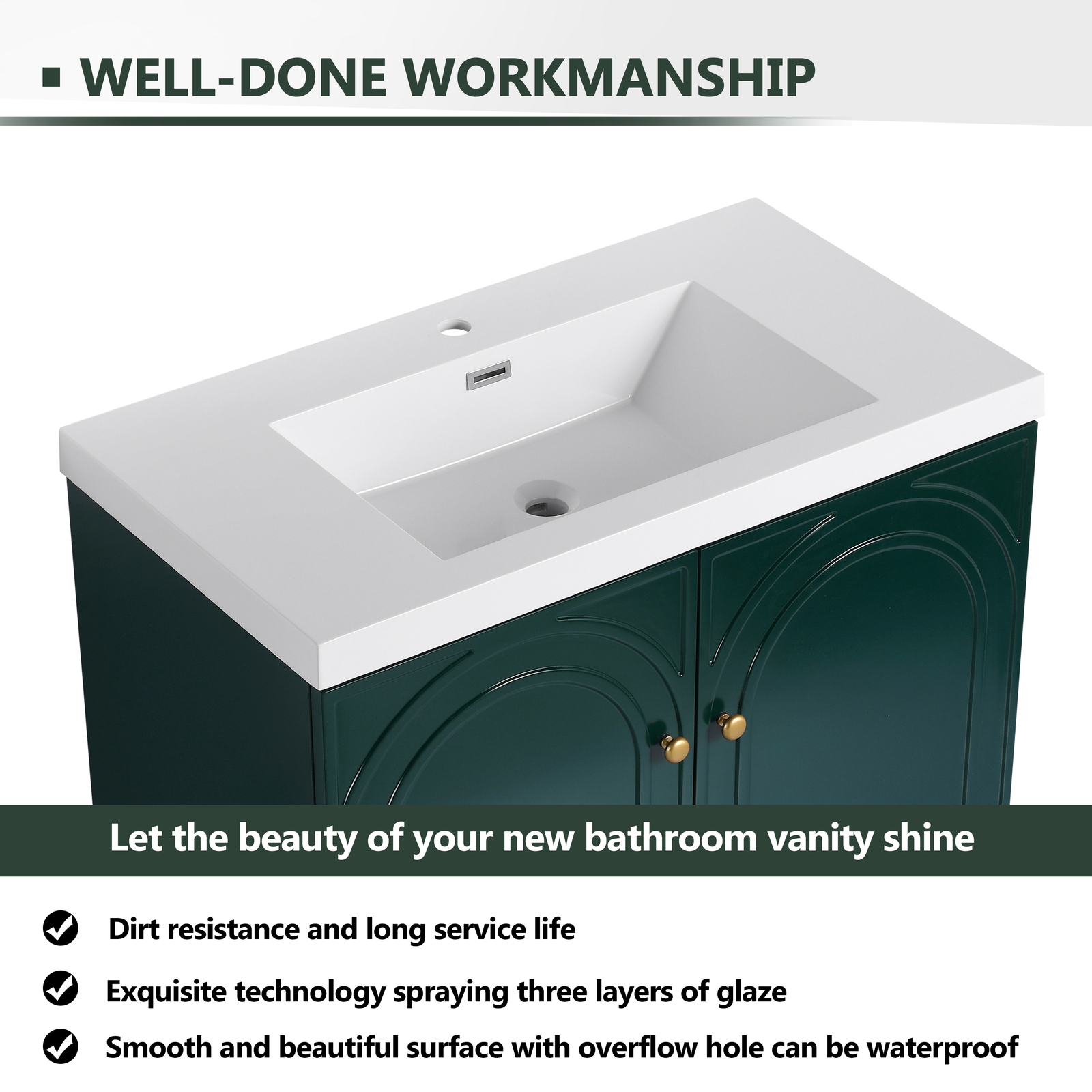 36inch Plywood Freestanding Bathroom Vanity Cabinet Dark Green Resin Sink Basin