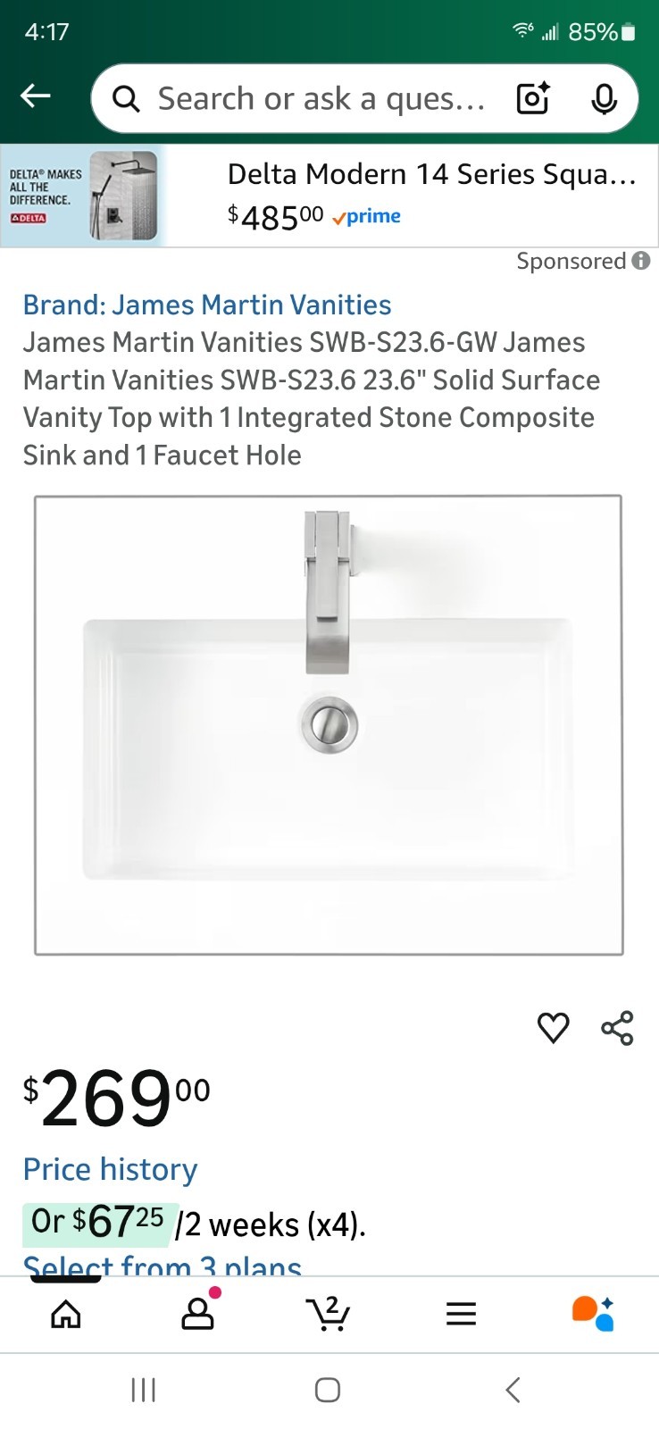 James Martin SWB-S23.6GW Solid Surface Vanity Top Single Hole White A2