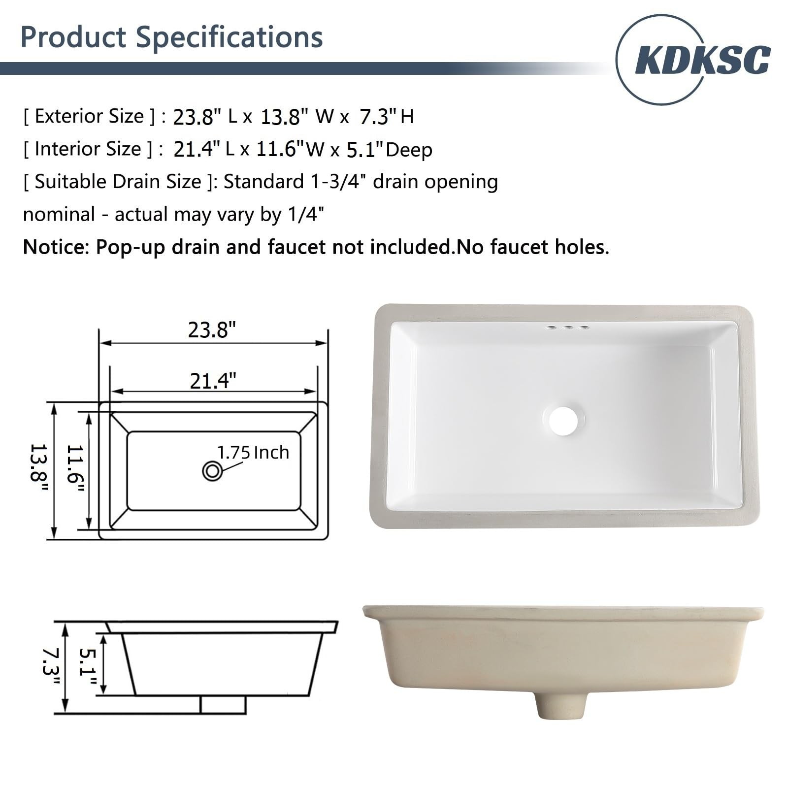 24 Inch Undermount Bathroom Sink Rectangular Undermount Sink White Ceramic Un…