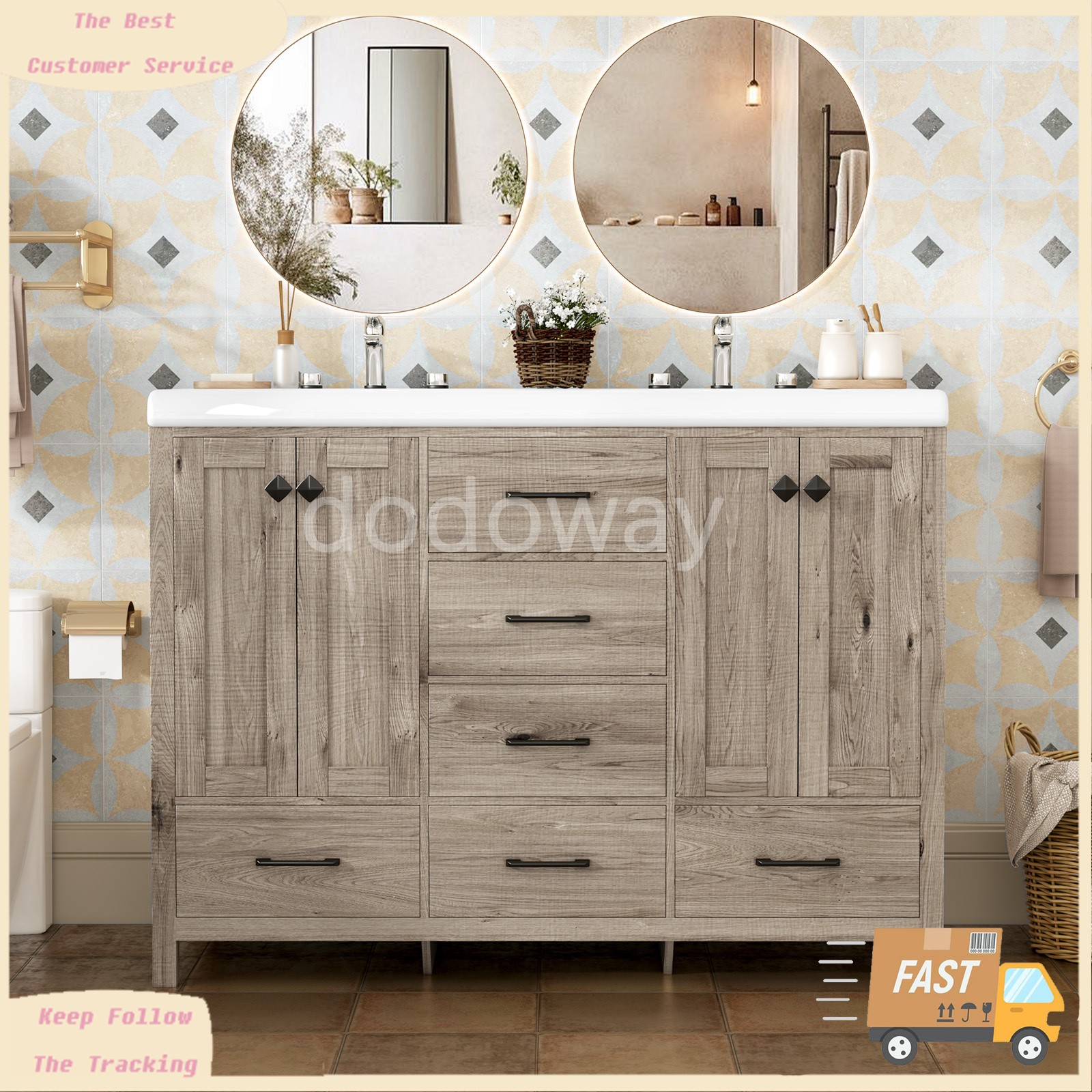 47″ Bathroom Vanity with Ceramic Sink Freestanding Storage Cabinet w/ 6 Drawers