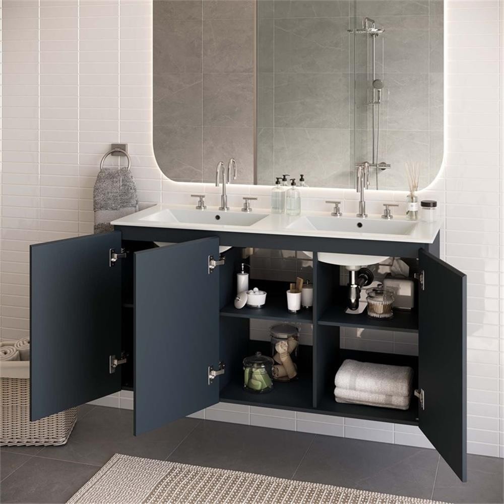 Pemberly Row 48″ Modern Wood/Ceramic Double Sink Bathroom Vanity in Gray/White