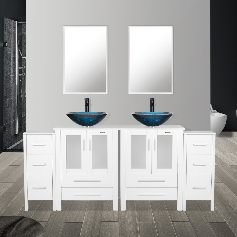 72″ Bathroom Vanity Set W/Small Cabinet Tempered Glass Vessel Sink Mirror Combo