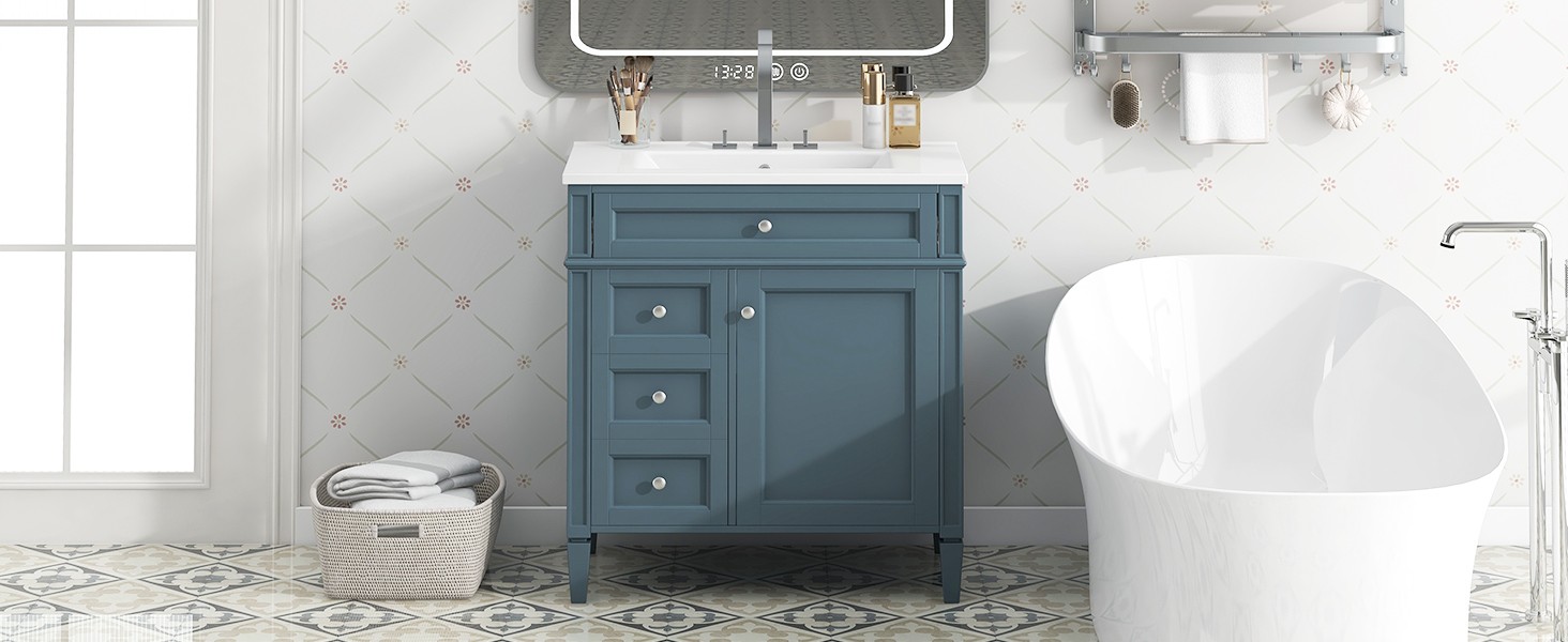 30″ Bathroom Vanity with Top Sink, 2 Drawers & Tip-Out Drawer