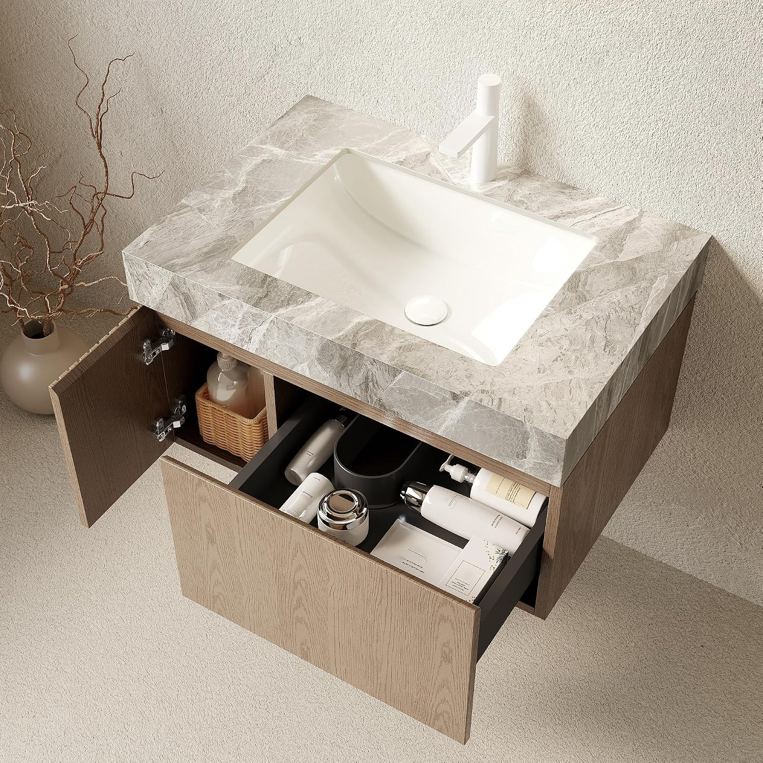 30″ Modern Floating Bathroom Vanity with Sink & Storage – Light Brown & Grey