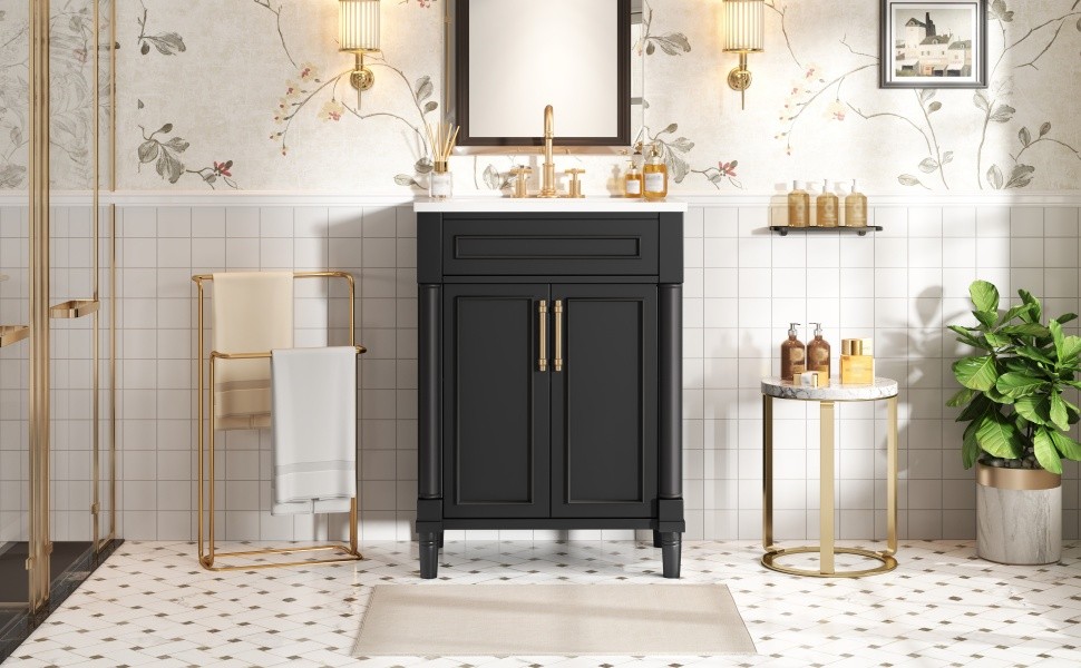 24″ Bathroom Vanity w/ Sink & 2 Doors, Black, 34.95″ H Solid Wood+MDF