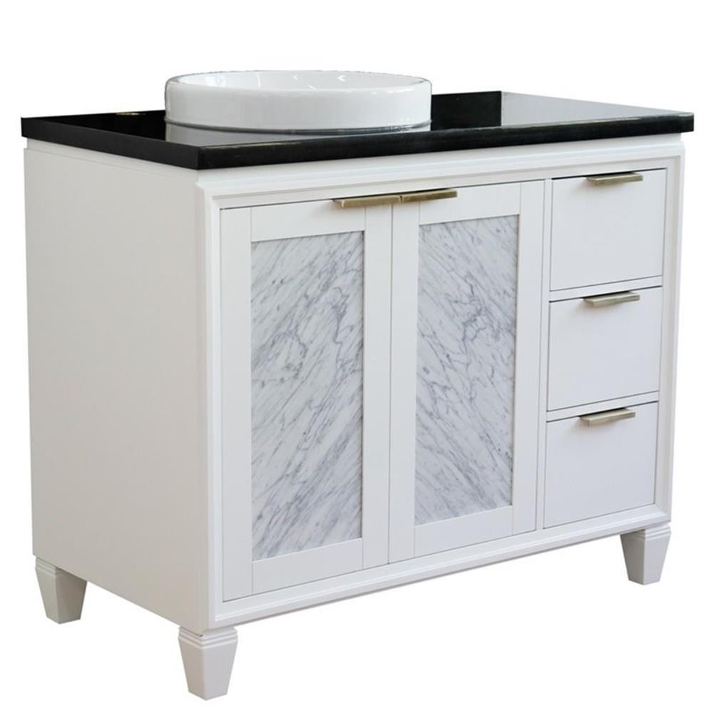 Trento Solid Wood Vanity with Left Round Sink in White/Black Galaxy