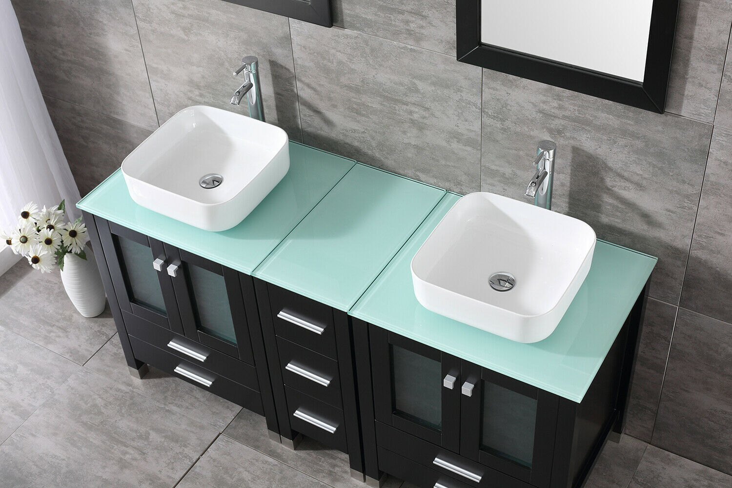 60″ Double Bathroom Vanity Black Cabinet Glass Vessel Sink Bowl Mirror w/Faucet