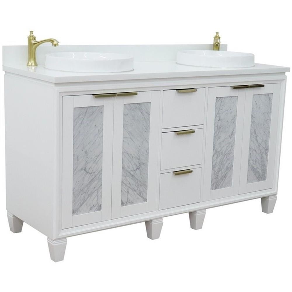 Pemberly Row 61″ Double Round Sink Solid Wood Vanity in White/White Quartz Stone
