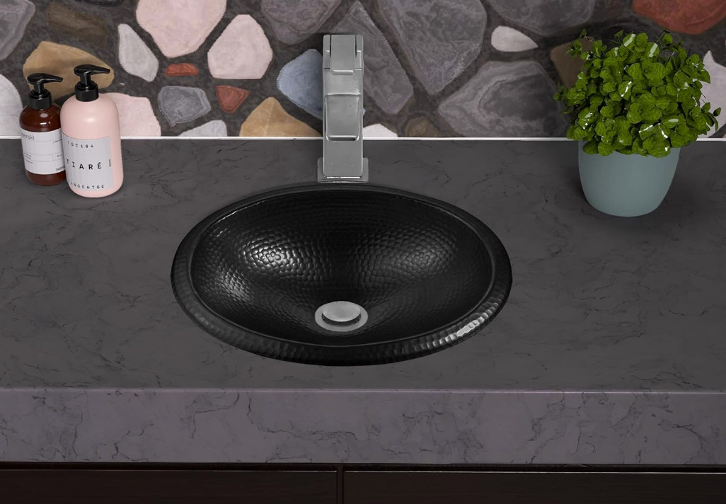 19103 Matte Black Hand Hammered Oval Drop-in Bathroom Vanity Sink (17 inches)