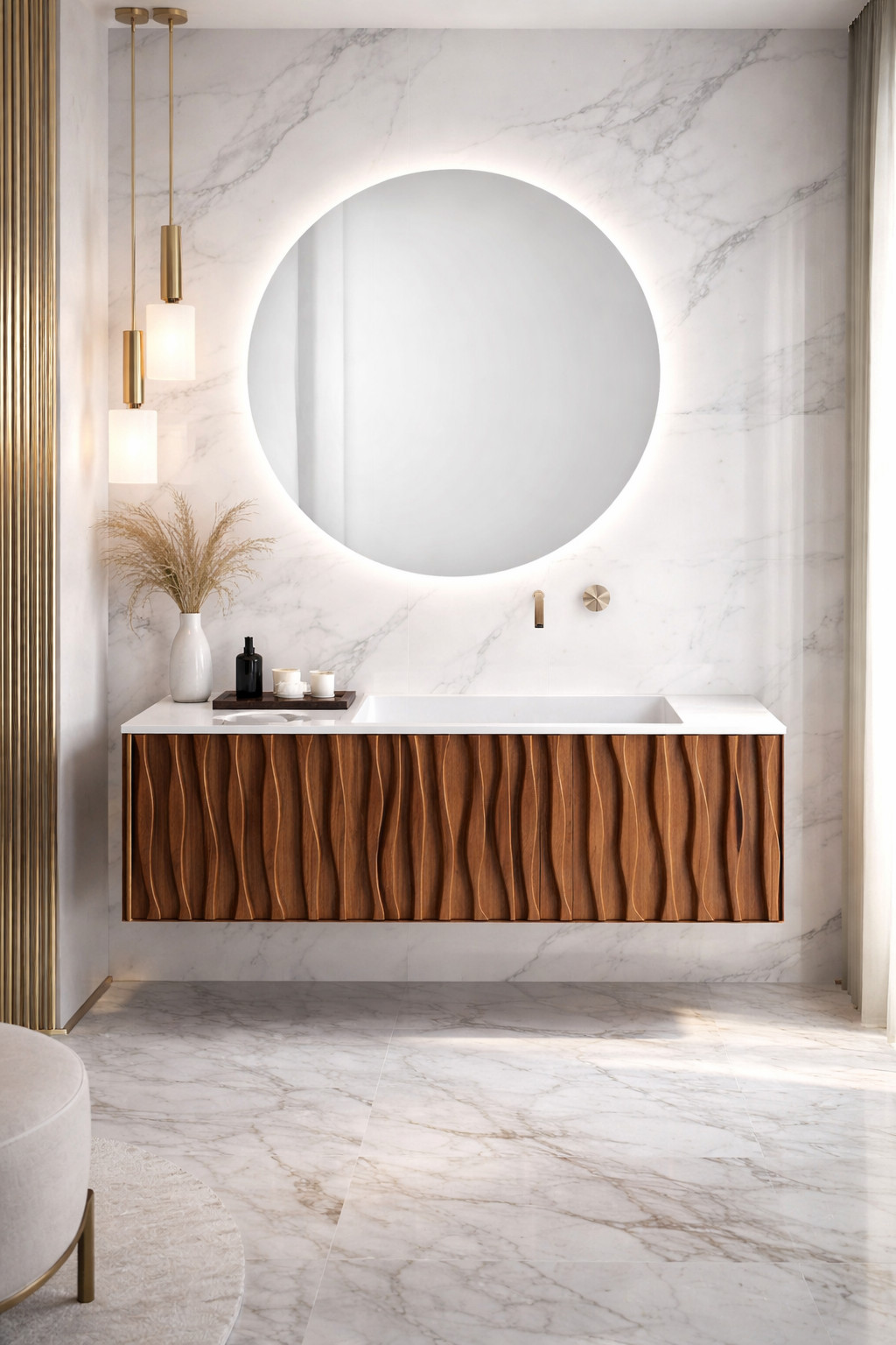 Luxury Floating Bathroom Vanity & LED Round Mirror Set — Sculpted Wood Front
