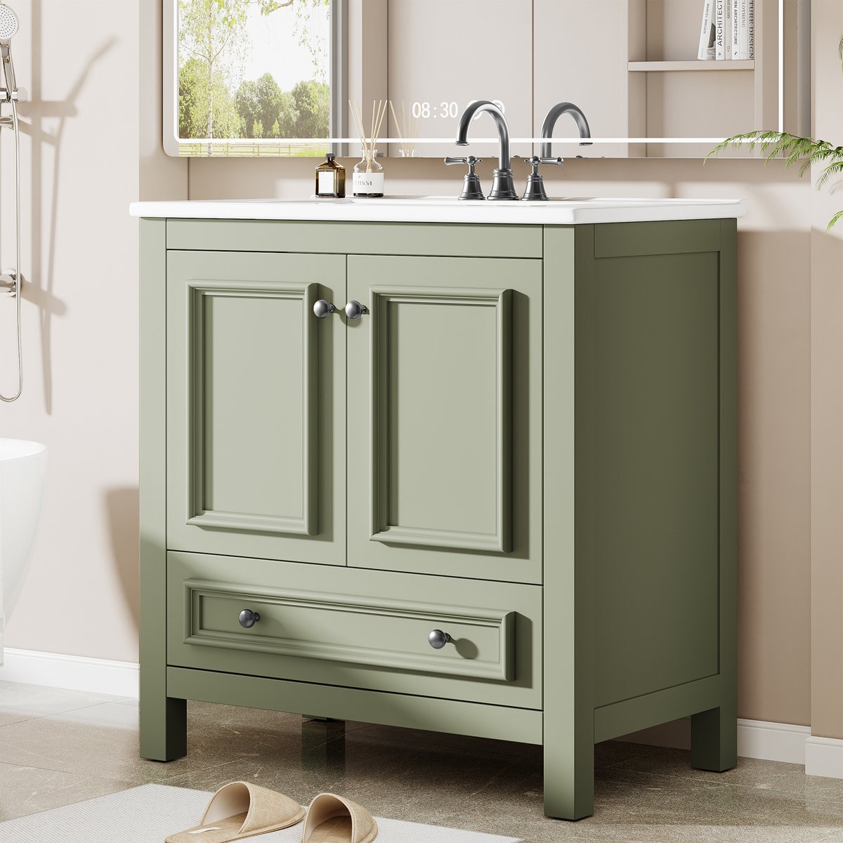 30″Bathroom Vanity Freestanding with Ceramic Sink, Storage Cabinet, Pop Up Drain