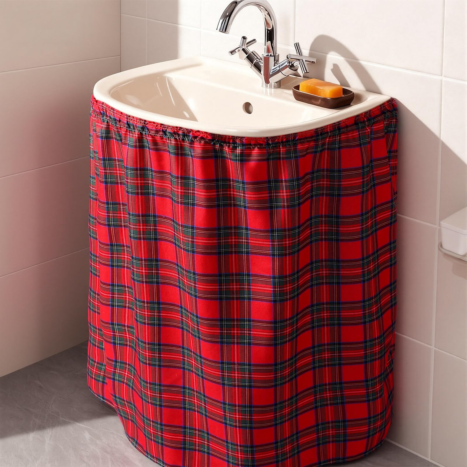 Self-Adhesive Sink Skirt, 55″x32″ Waterproof Fabric Under Sink Cover with Dia…
