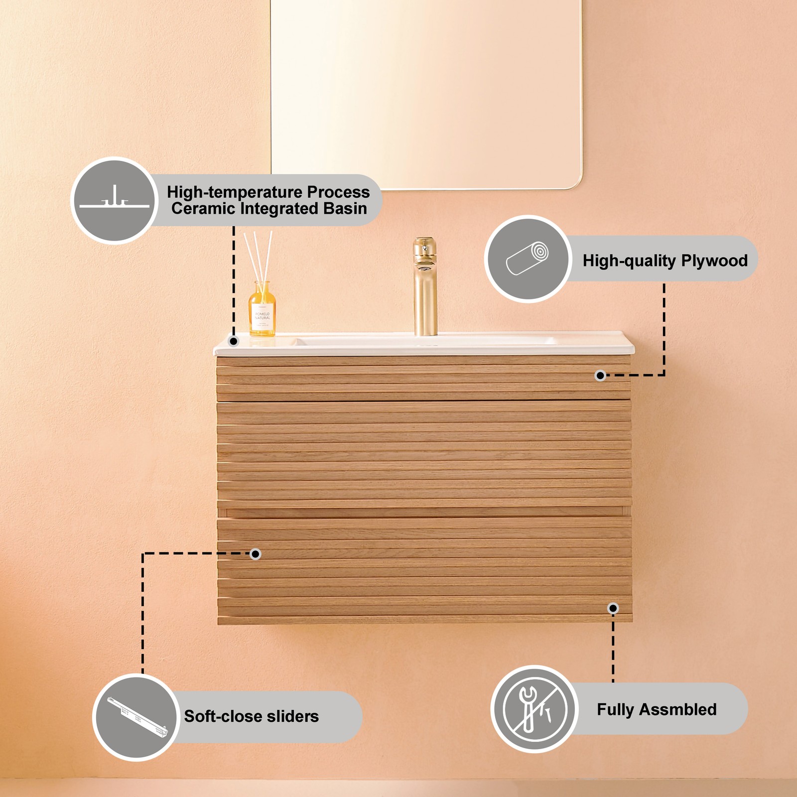 30″ Wooden Floating Bathroom Vanity W/ Ceramic Sink Wall Mounted Undermount Sink