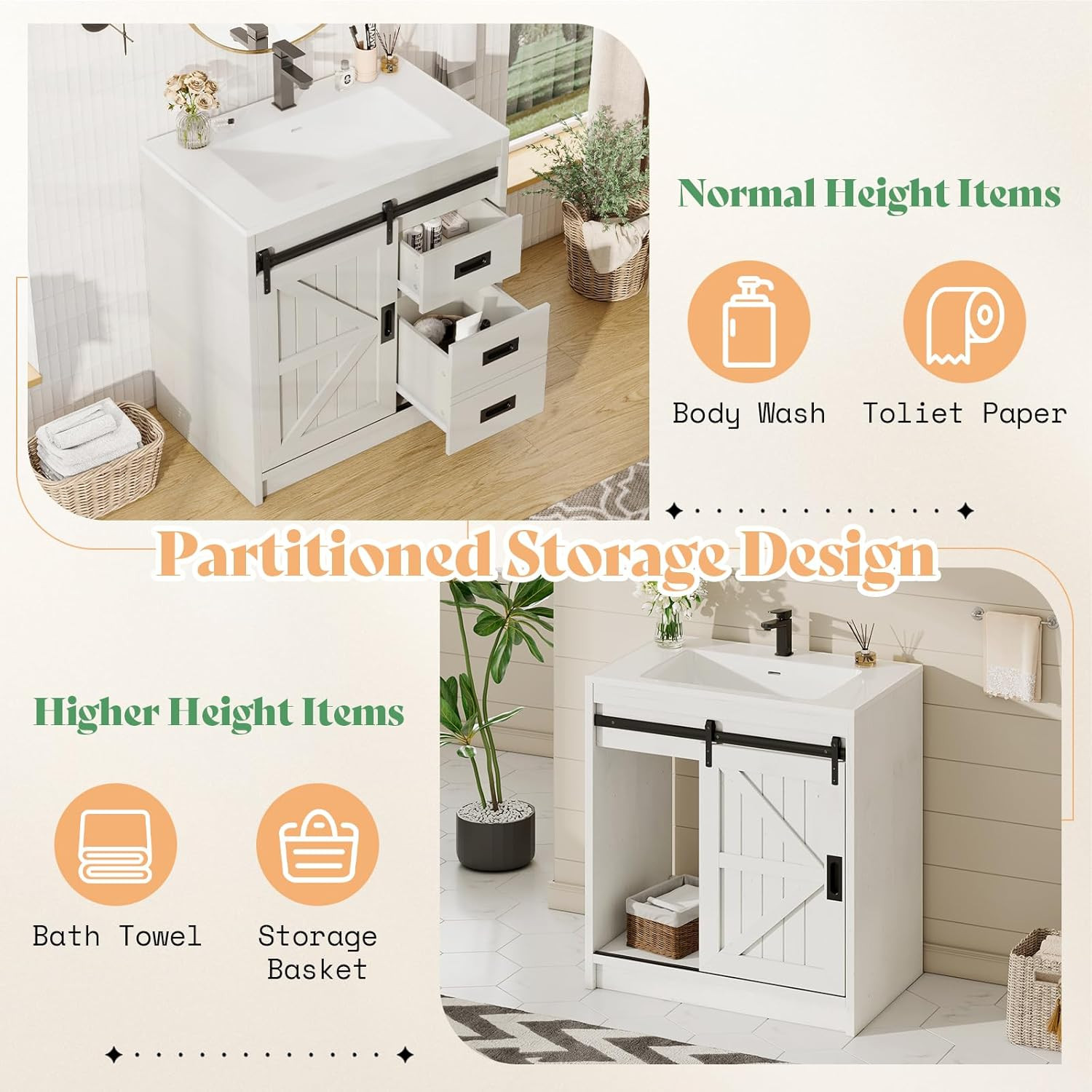 AMERLIFE Farmhouse Bathroom Vanity with Sink Combo, 30In Sliding Barn Door Bathr