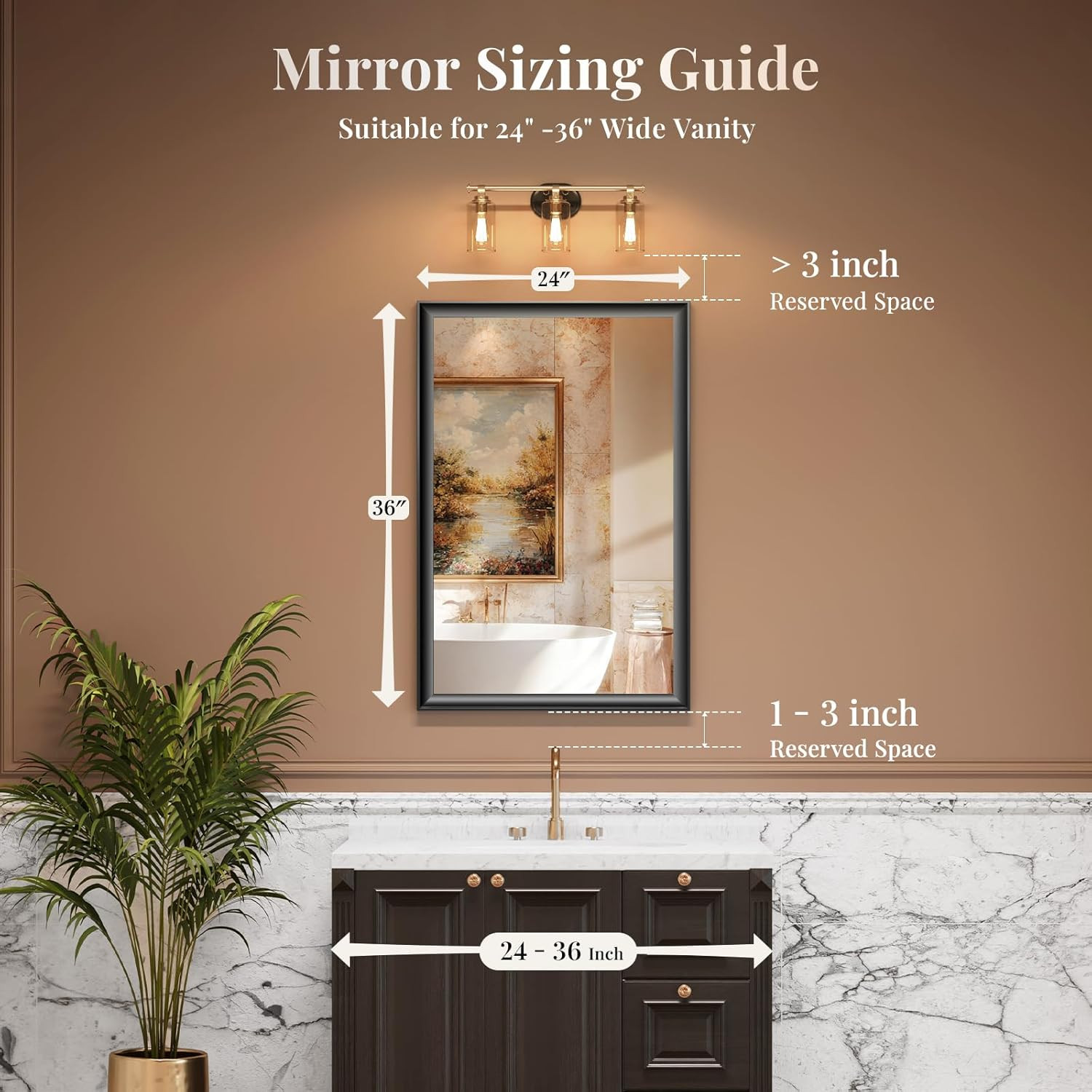 Modern 24×36 Black Metal Framed Bathroom Mirror, HD Tempered Glass, Anti-Rust