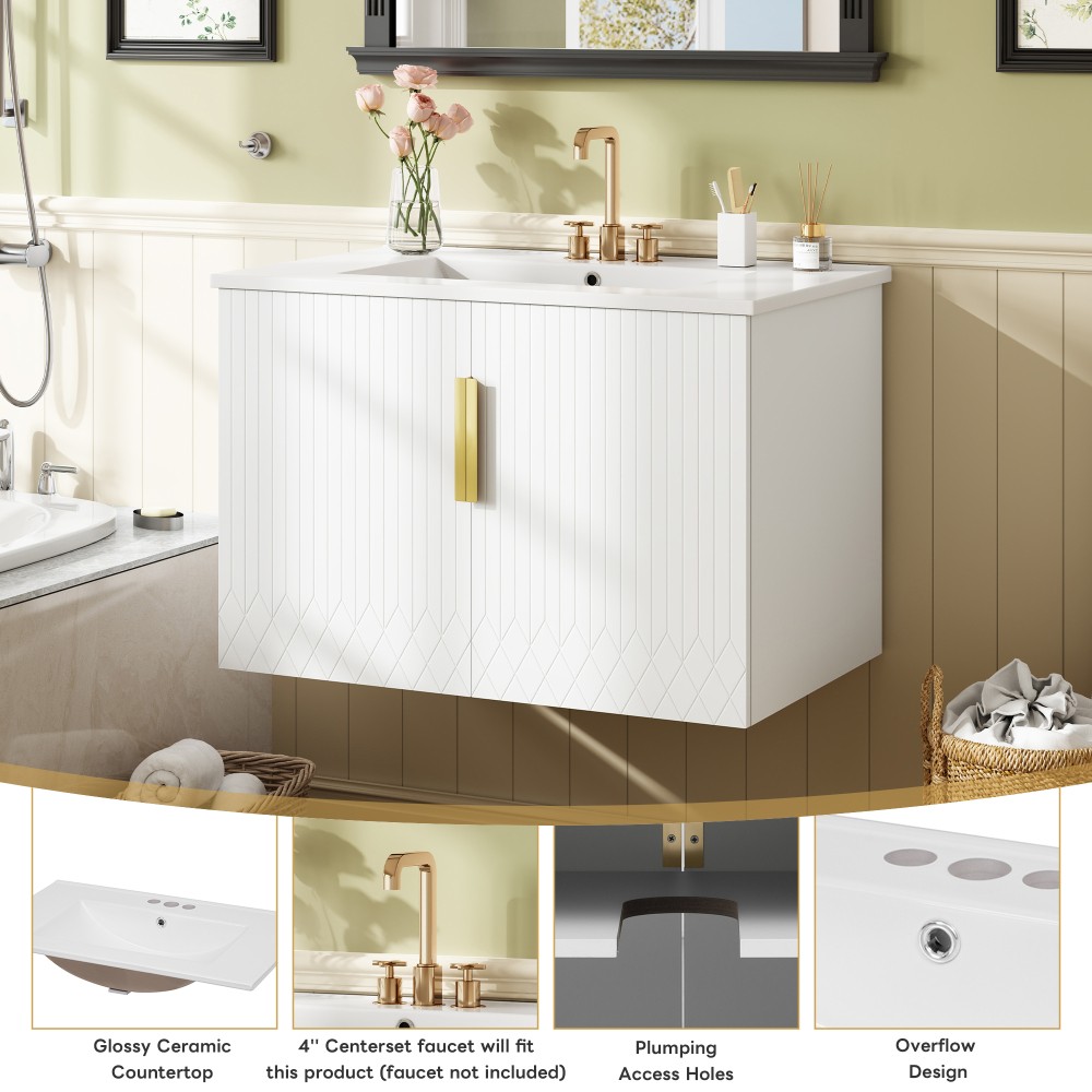 Bathroom Vanity W Ceramic Sink Three-Hole Mounting Features Two Soft-Close Doors