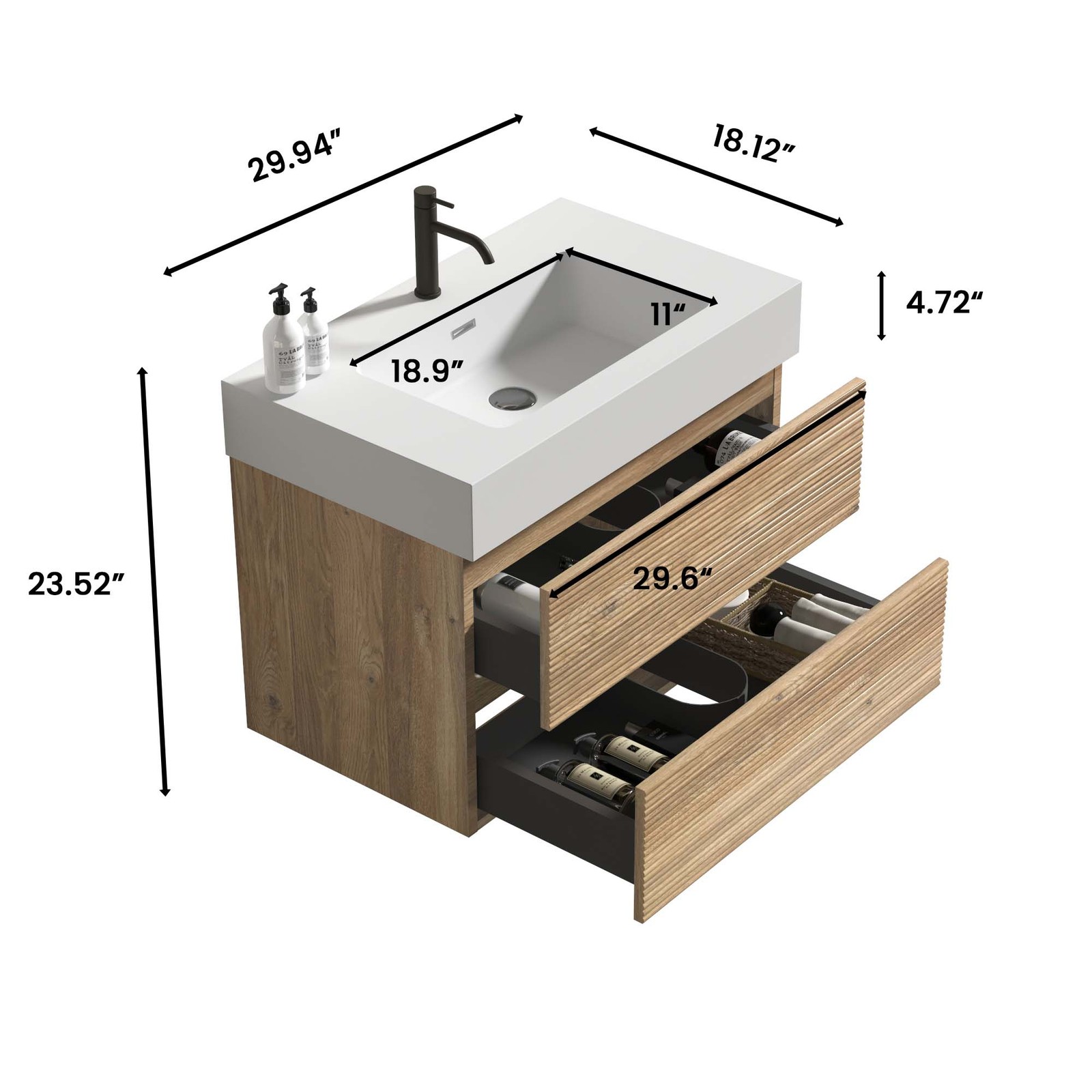 30″ Rough Oak Floating Bathroom Vanity with White Sink & Drawers