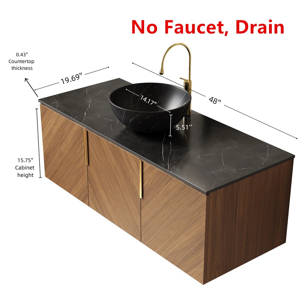 48″ Wall Mounted Bathroom Vanity w/Round Sink, Floating Vanity Cabinet, 3 Doors
