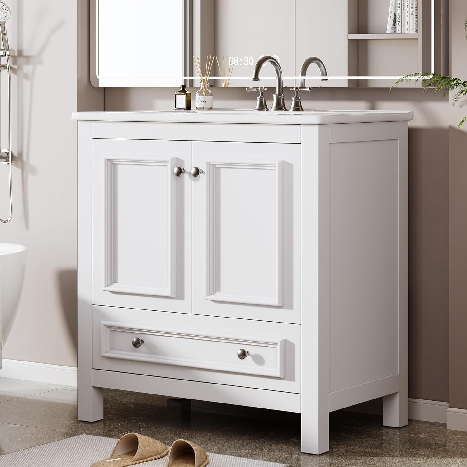 Tribesigns 30″ Modern Bathroom Vanity with Sink +2 Doors and 1 Drawer White