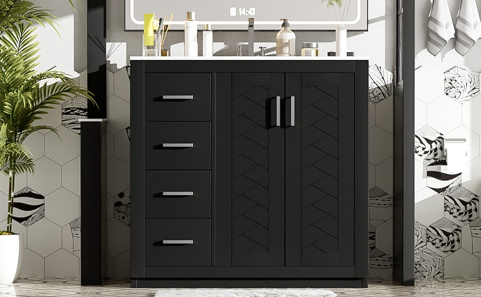 36″ Bathroom Vanity with Ceramic Sink, Solid Wood Frame, 3 Drawers