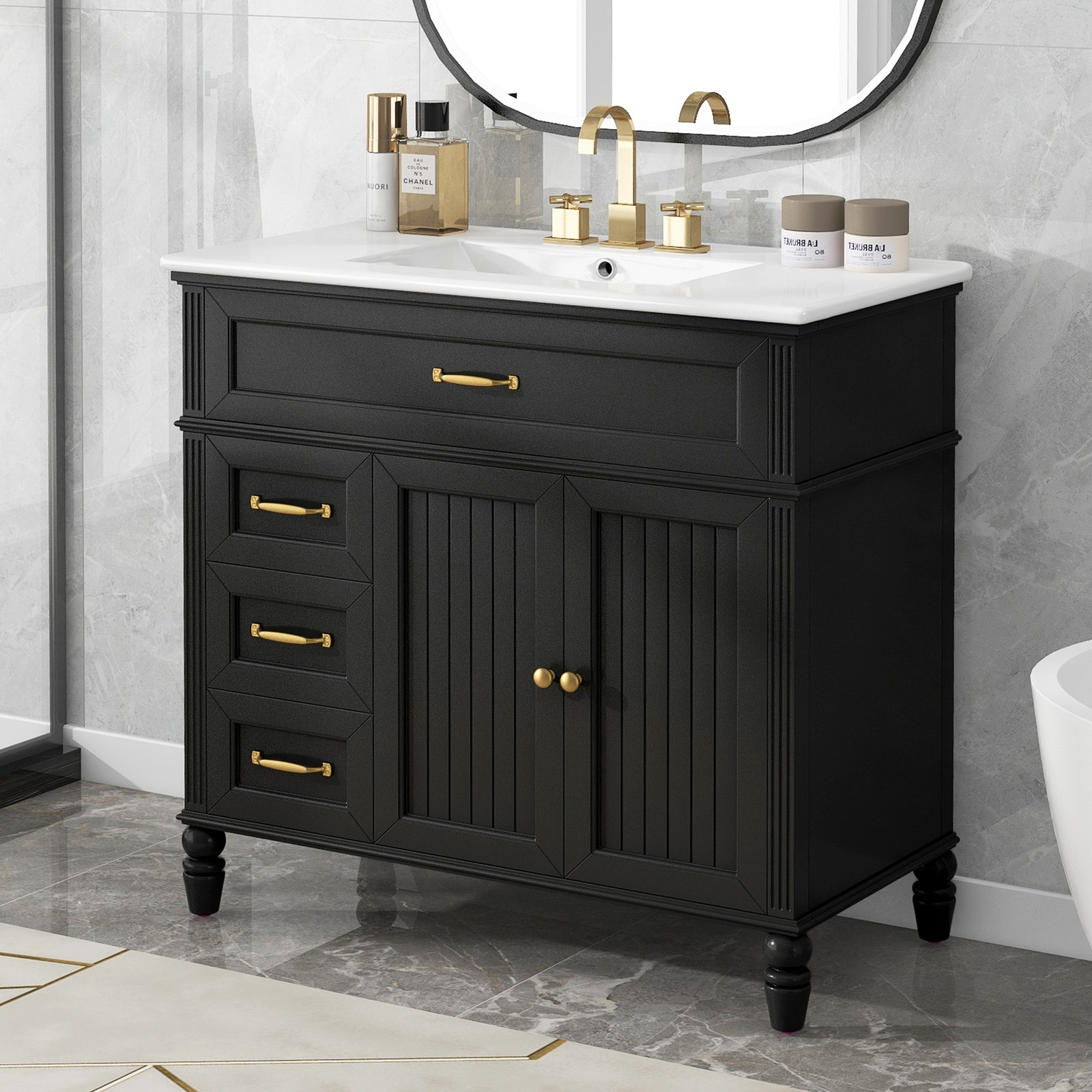 36″ Bathroom Vanity with Sink & Drawers, Black, Solid Wood Frame & MDF