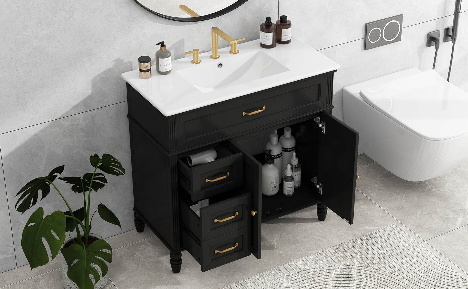 36″ Bathroom Vanity with Sink & Drawers, Black, Solid Wood Frame & MDF