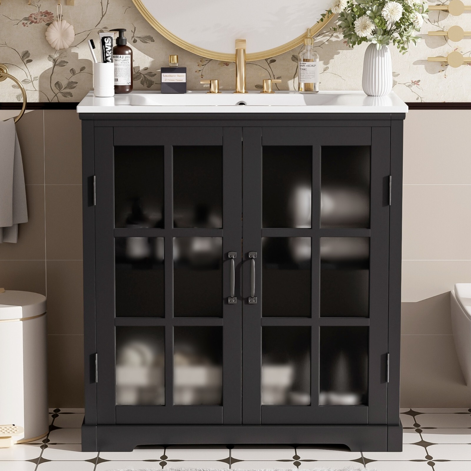 30″ Bathroom Vanity with Sink Modern Wood Cabinet, Blurred Glass Doors, Matte