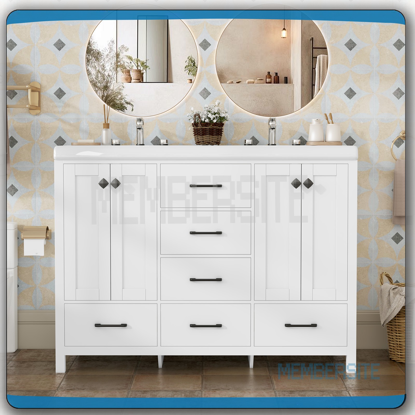 Bathroom Vanity 47.3″ Double Sink Ceramic Freestanding Cabinet Wood Grain White