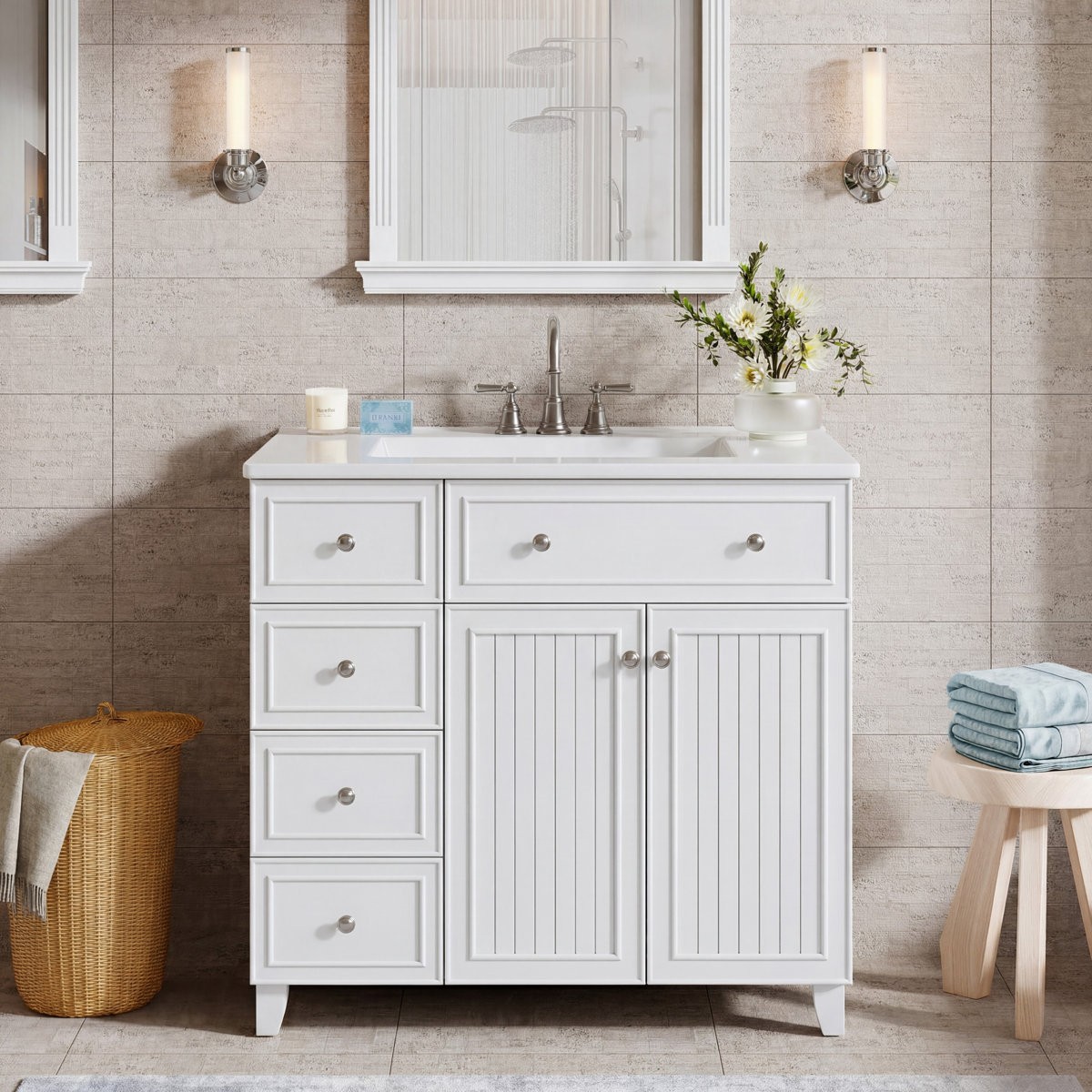 36″ Bathroom Vanity with Sink, Bathroom Sink Cabinet with 5 Drawers & 2 Doors