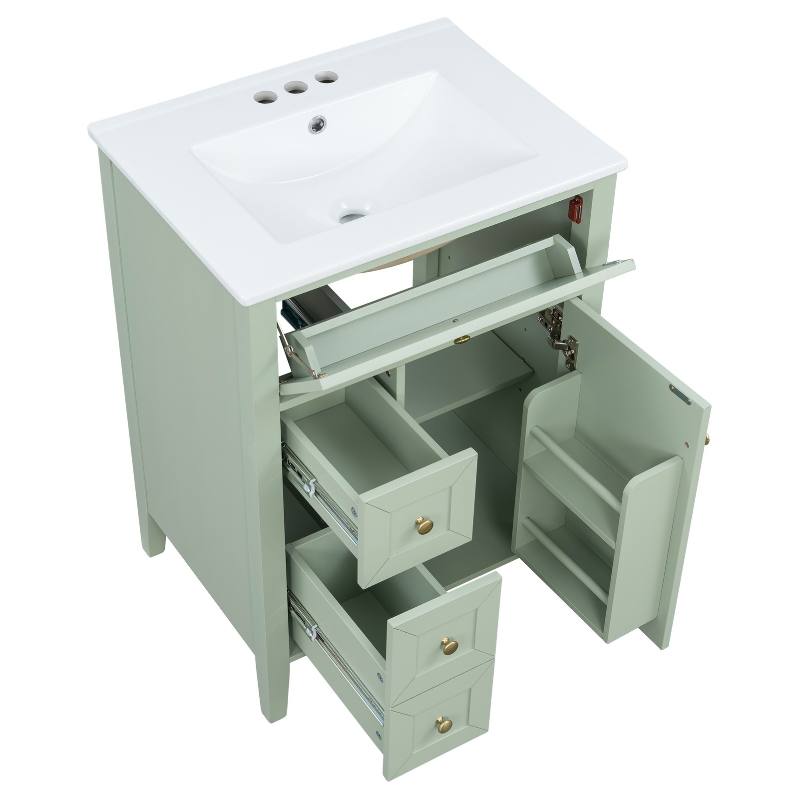 24″ Light Green Bathroom Vanity with Ceramic Sink and Storage Drawers