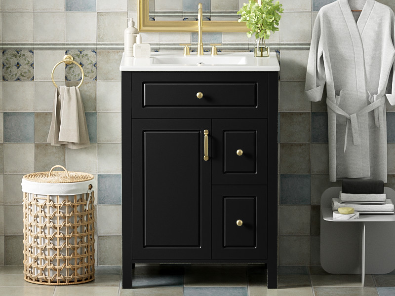 24Inch Bathroom Vanity Modern Bathroom Storage Cabinet with Ceramic Sink Black