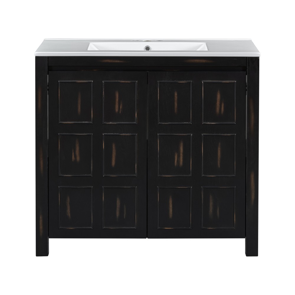 36″ Vintage Bathroom Vanity w/Ceramic Sink,Solid Wood Frame,Soft Close Doors