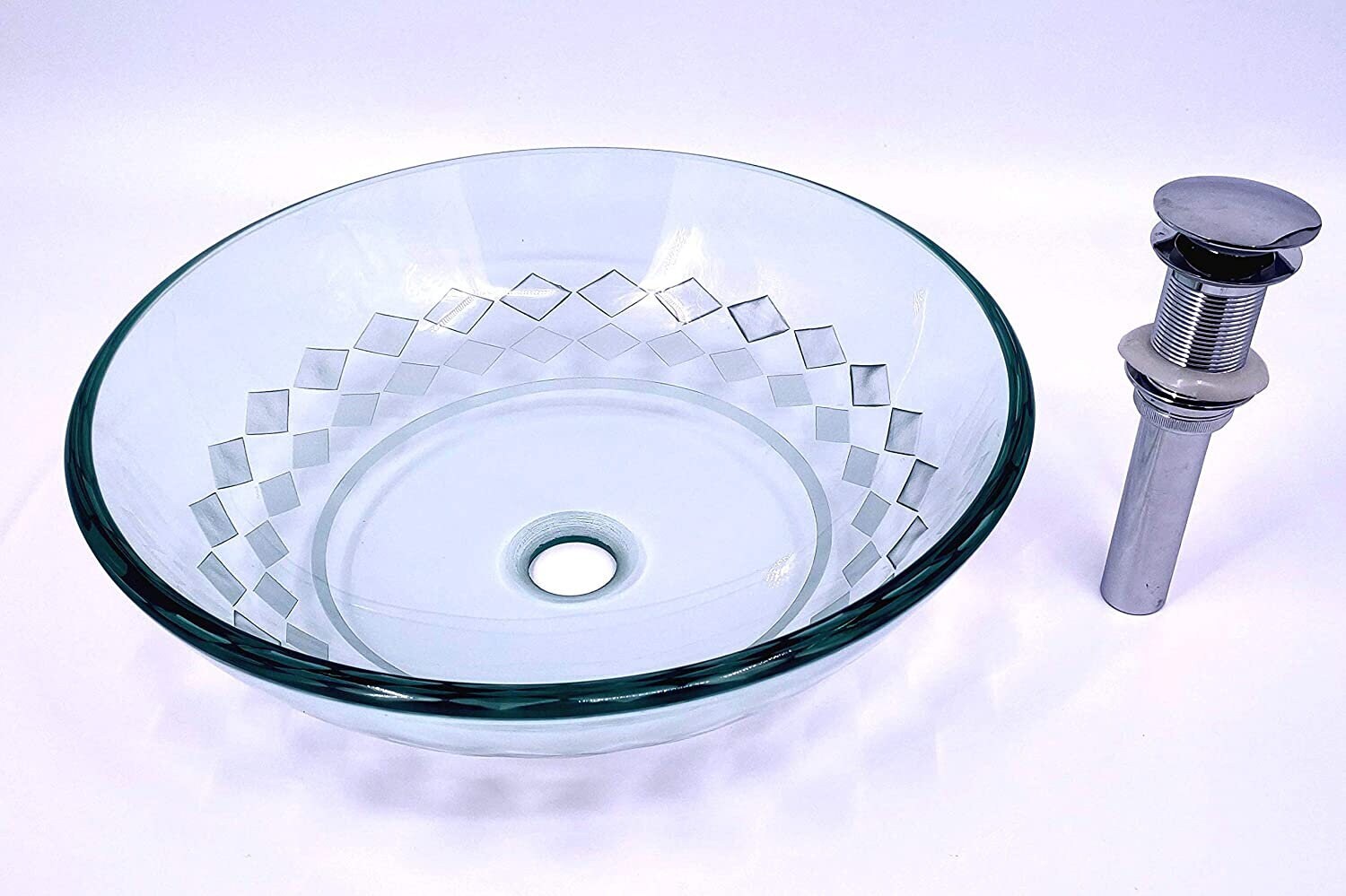 Glass Sink Round Vessel Bathroom Sink Set Faucet Pop up Squares Pattern