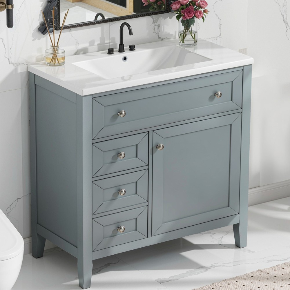 30″ Blue Grey Bathroom Vanity with Ceramic Sink – Soft-Close Drawers