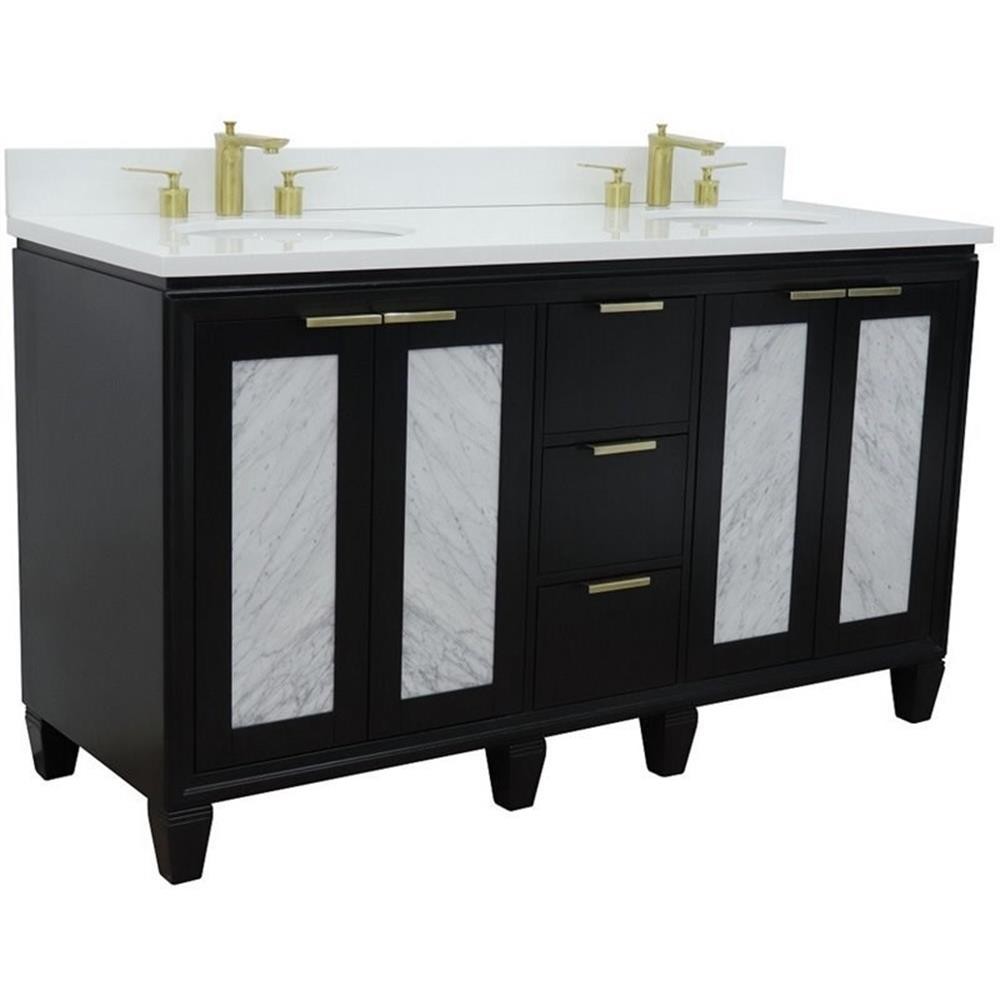 Trento 61″ Double Oval Sink Solid Wood Vanity in Blue/White Quartz Stone