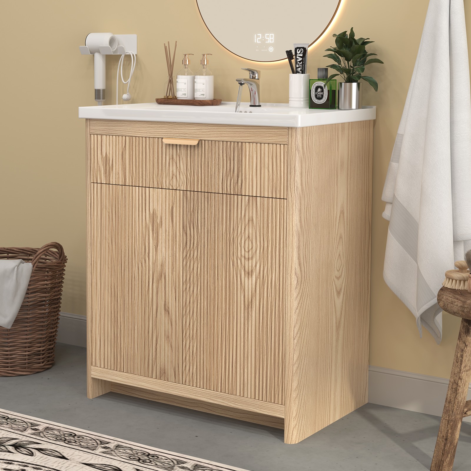 Bathroom Wood Vanity 23.6″ &Ceramic Sink,Freestanding Storage Cabinet Vanity