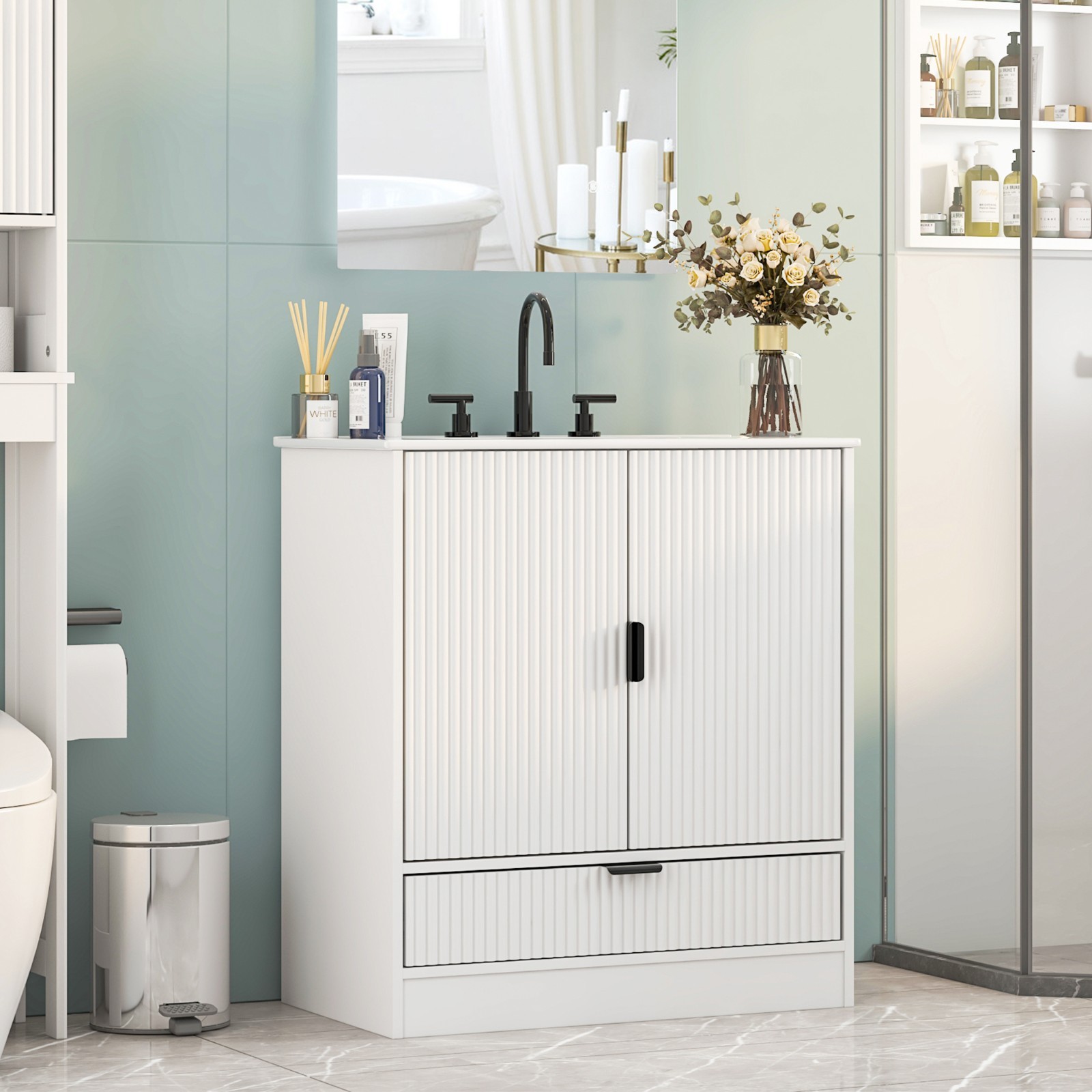 30″ Bathroom Vanity with Sink, Freestanding Vanity Storage Cabinet, 2 Doors