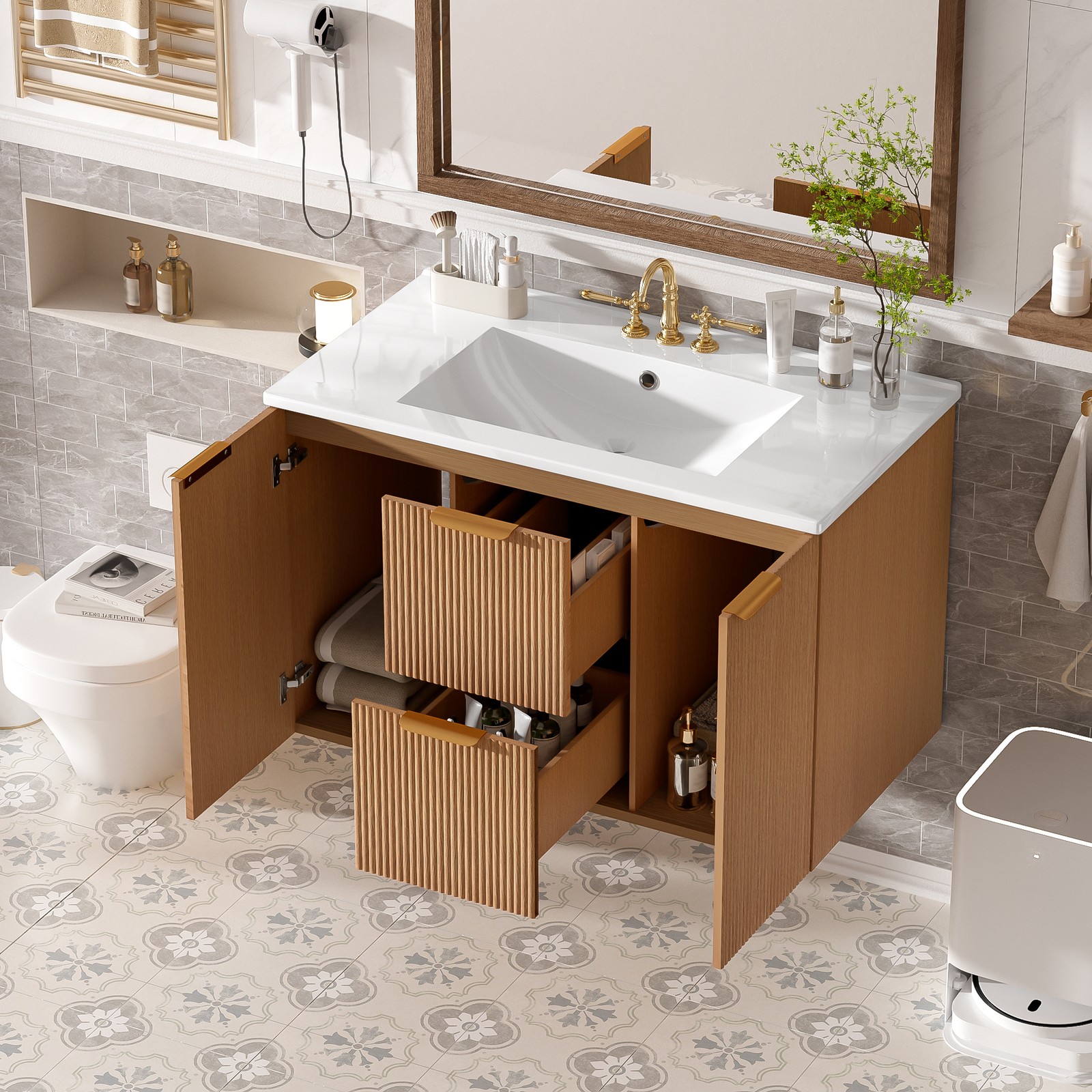 36 Inch Single Sink Bathroom Vanity with Ceramic Top, MDF Cabinet