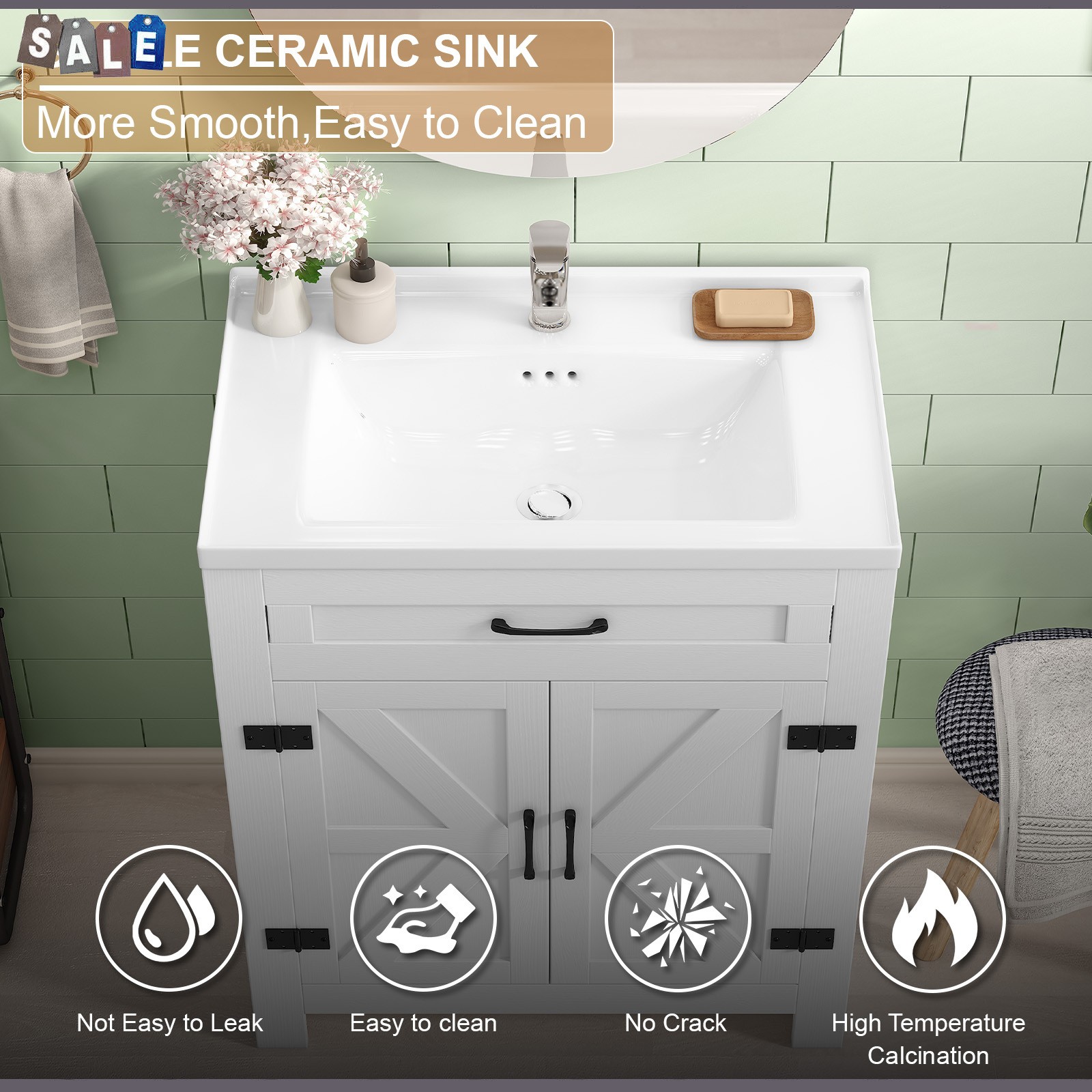 31″ Bathroom Vanity Freestanding Ceramic Sink Cabinet with Storage and Drawer