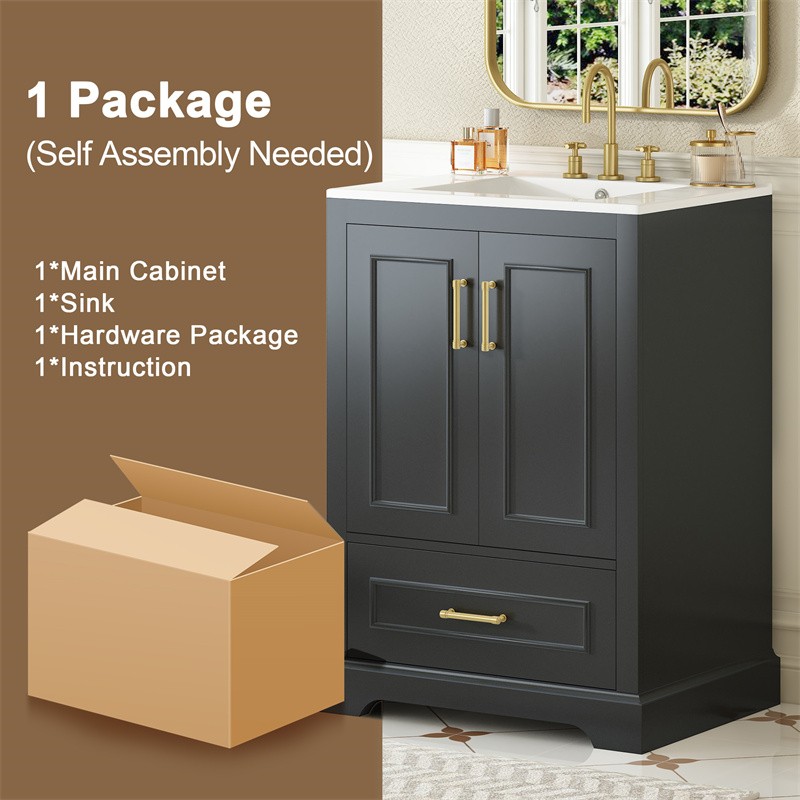 24in Black Bathroom Vanity with Ceramic Sink,Divider Drawer & 2 Soft-close Doors