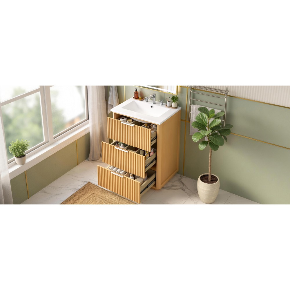 24 inch Modern Luxury Bathroom Vanity with Ceramic Sink, Open Shelf and Storage