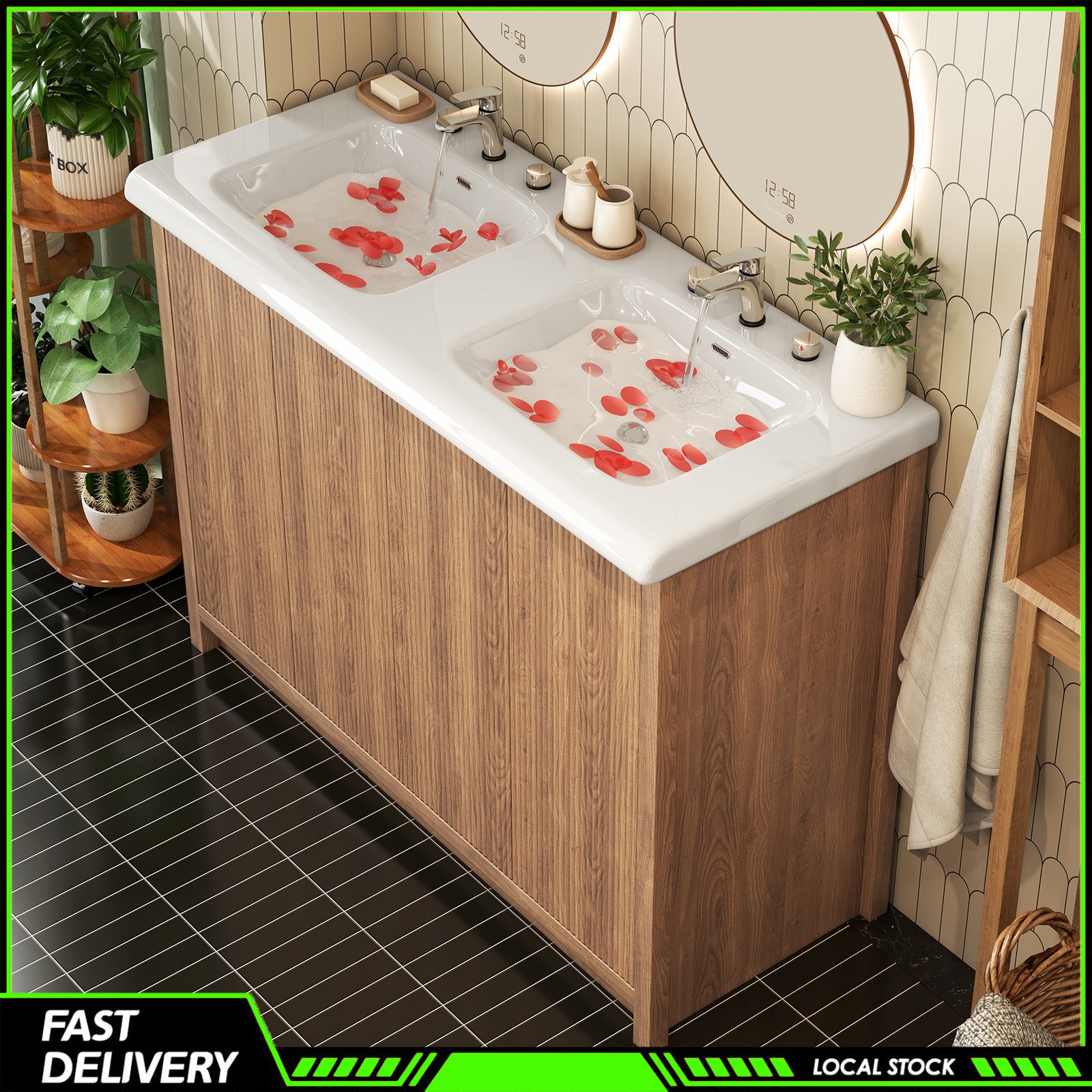 47″ Bathroom Vanity Set Wood Cabinet with Double Ceramic Drop in Sink Top Design