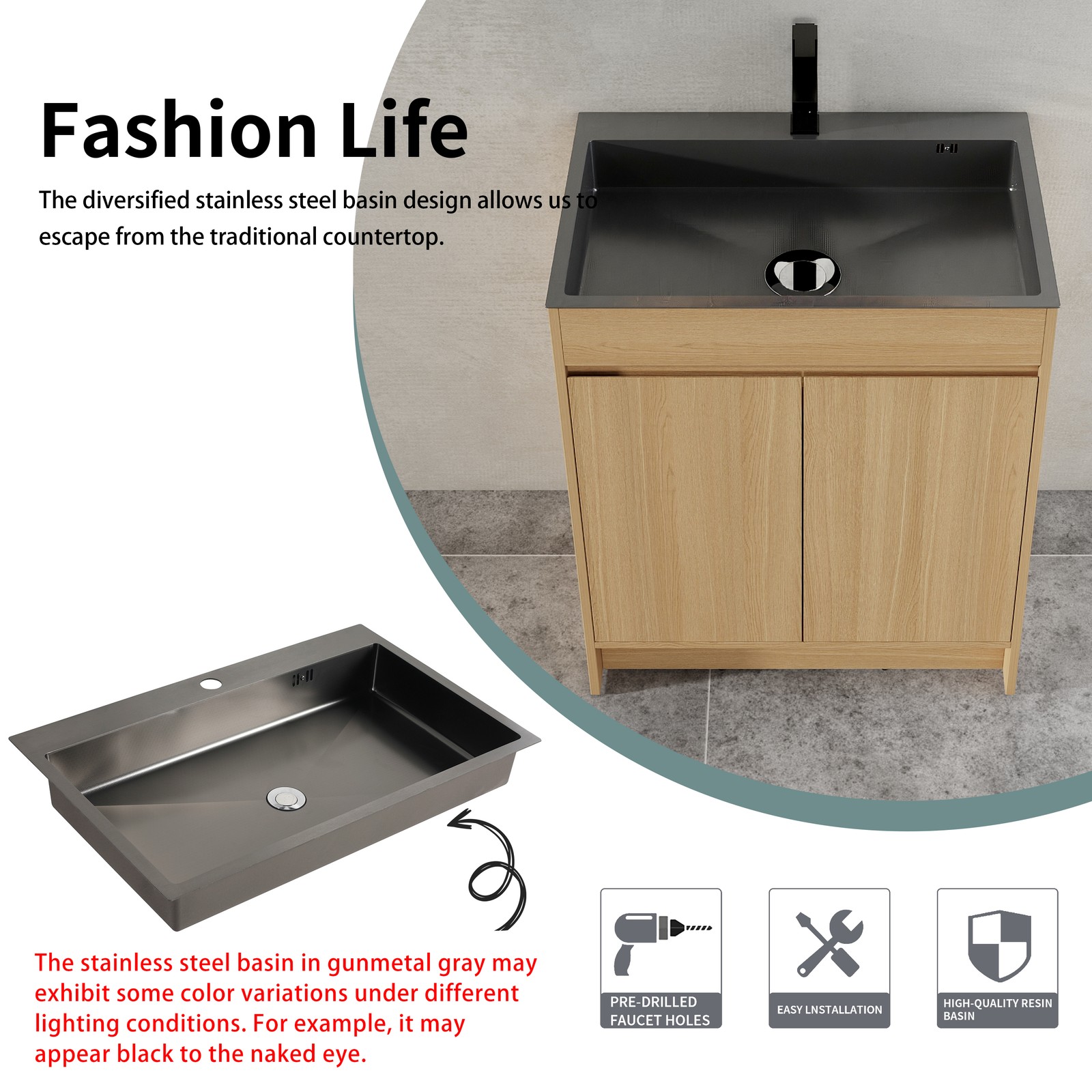 28″ Freestanding Bathroom Vanity/Laundry Utility Cabinet Stainless Steel Sink