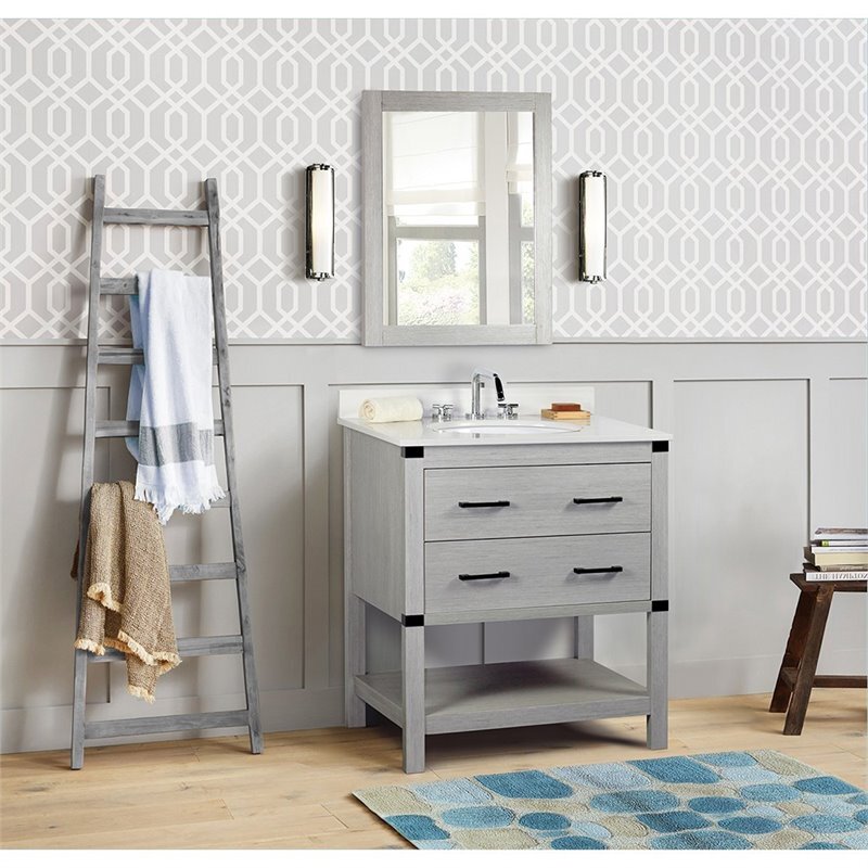 31″ Transitional Single Solid Wood Vanity with Oval Sink in Gray Pine