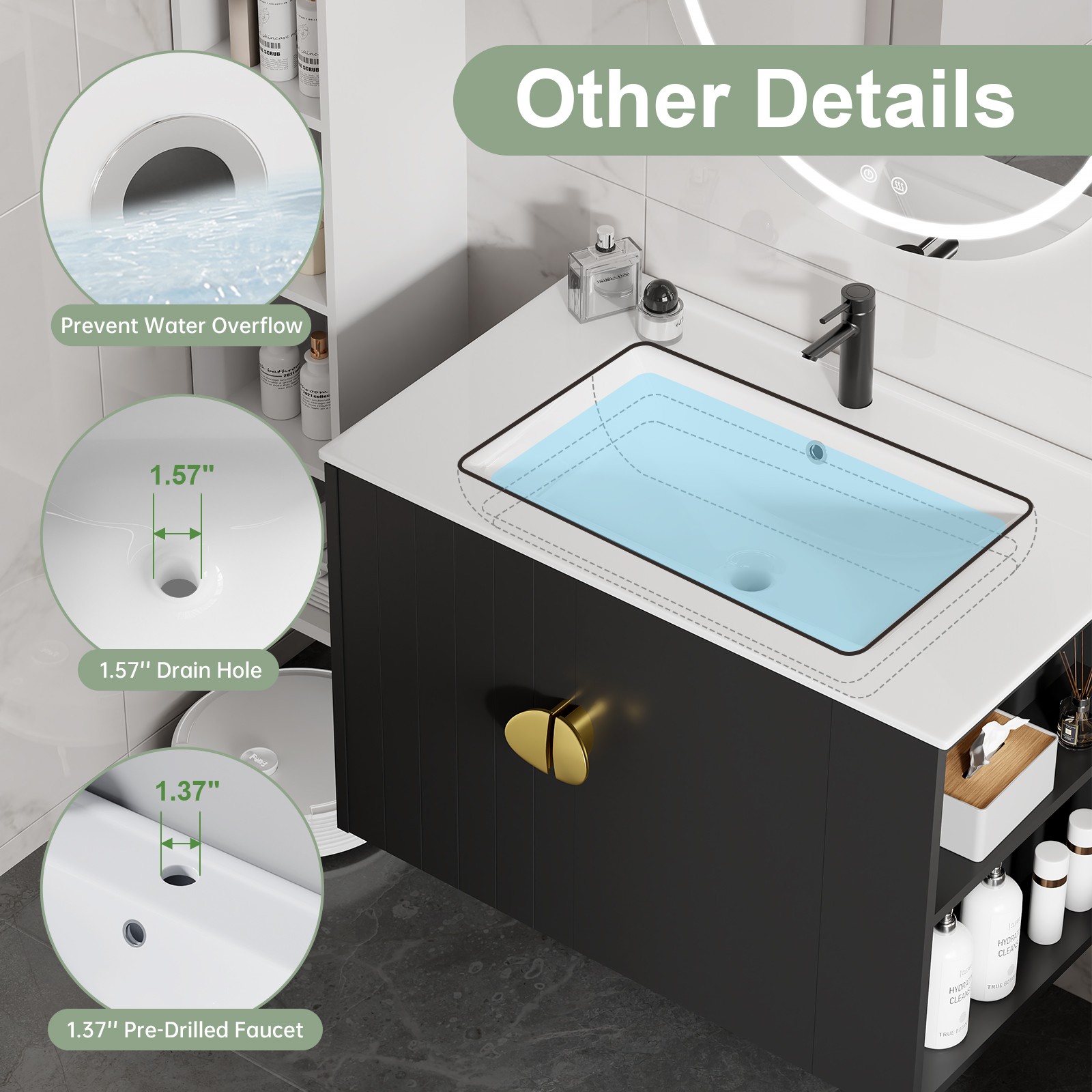 30″ Blcak Wall Mounted Bathroom Vanity Cabinet with Ceramic Sink & 2 Doors